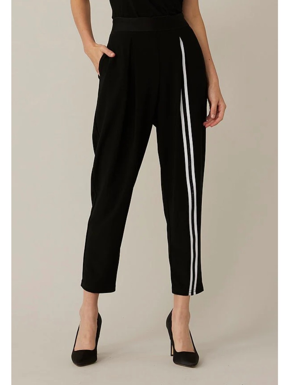 Joseph Ribkoff Black Cropped Tapered Pants with White Side Stripes